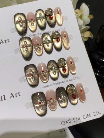 10pcs High-End Retro Baroque Style, With Dazzling Black And Gold Cat's Eyes And Luxurious Red Diamonds As Embellishments Handmade Fake Nails, Nail Patches Suitable For Important Banquets, Birthday Dances, Christmas And New Year Events