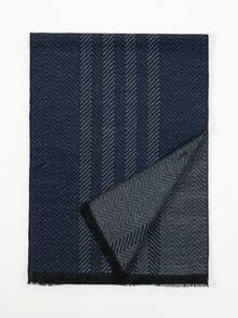 1条经典条纹格纹印花保暖加厚围巾，男女通用时尚休闲情侣围脖，适合日常佩戴，秋冬季节适用 - 藏蓝色 - 查看 3