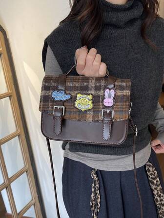 复古包，双色格纹小方包，可爱斜挎包，单肩包，适合工作、通勤、购物、约会，羊毛撞色迷你手提包
