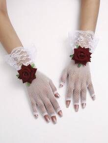 1 双玫瑰派对涤纶蕾丝拼接手套，适用于表演、婚礼、日常穿着 - 漁網手套 - 查看 6