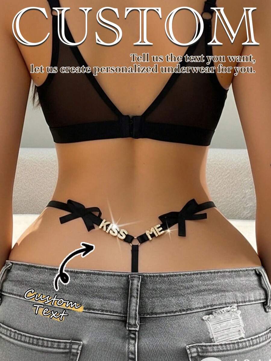 Custom Women's Thong, Metal Letter Customization - Personalized Lingerie, Exclusively Customized Women's Thong That Highlights Unique Style. It Is A Perfect And Thoughtful Gift For Girlfriends, Family And Friends On Special Occasions Like Valentine's Day, Birthdays And Anniversaries. Customize Your Exclusive Underwear To Showcase Your Unique Charm. - Black - View 1
