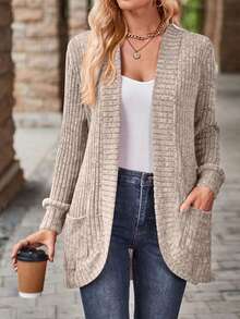 Cardigan Sweaters For Women Fall Open Front Long Sleeve Loose Lightweight Knit Sweater Coat With Pockets - 卡其色 - 查看 4