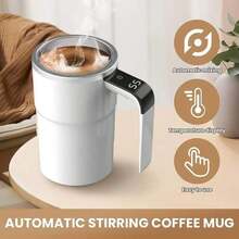 Automatic Magnetic Stirring Coffee Mug, Self Mixing Cup With Lid For Milk, Cocoa And Other Beverages - Stainless Steel - màu đen - Xem 5