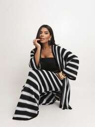 LARISSA KNITTING trijunto feminino calça pantalona + top + kimono