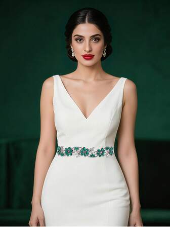 Un cinturón nupcial de una pieza, cinturón con flores de strass y diamantes, cinturón verde, cinturón floral para vestido de novia, hecho a mano, adecuado para banquetes, fiestas, decoración de la cintura de vestidos de noche