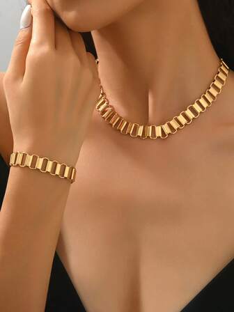 2件套 新款创意简约链扣优雅休闲欧美时尚个性化手链项链套装