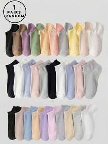 1 Pair/10 Pairs Random Candy Color Dopamine Socks Set, Solid Color Lace Stripe, Round Ribbed Cuff, High Heel, Japanese Sweet & Cute Style, Suitable For Commuting, Business, Daily Travel, Campus Sports Etc. Soft, Skin-Friendly, Breathable, Sweat-Absorbent, Odor-Resistant, Low-Cut, Invisible, Women Short Socks - Multicolor - View 15