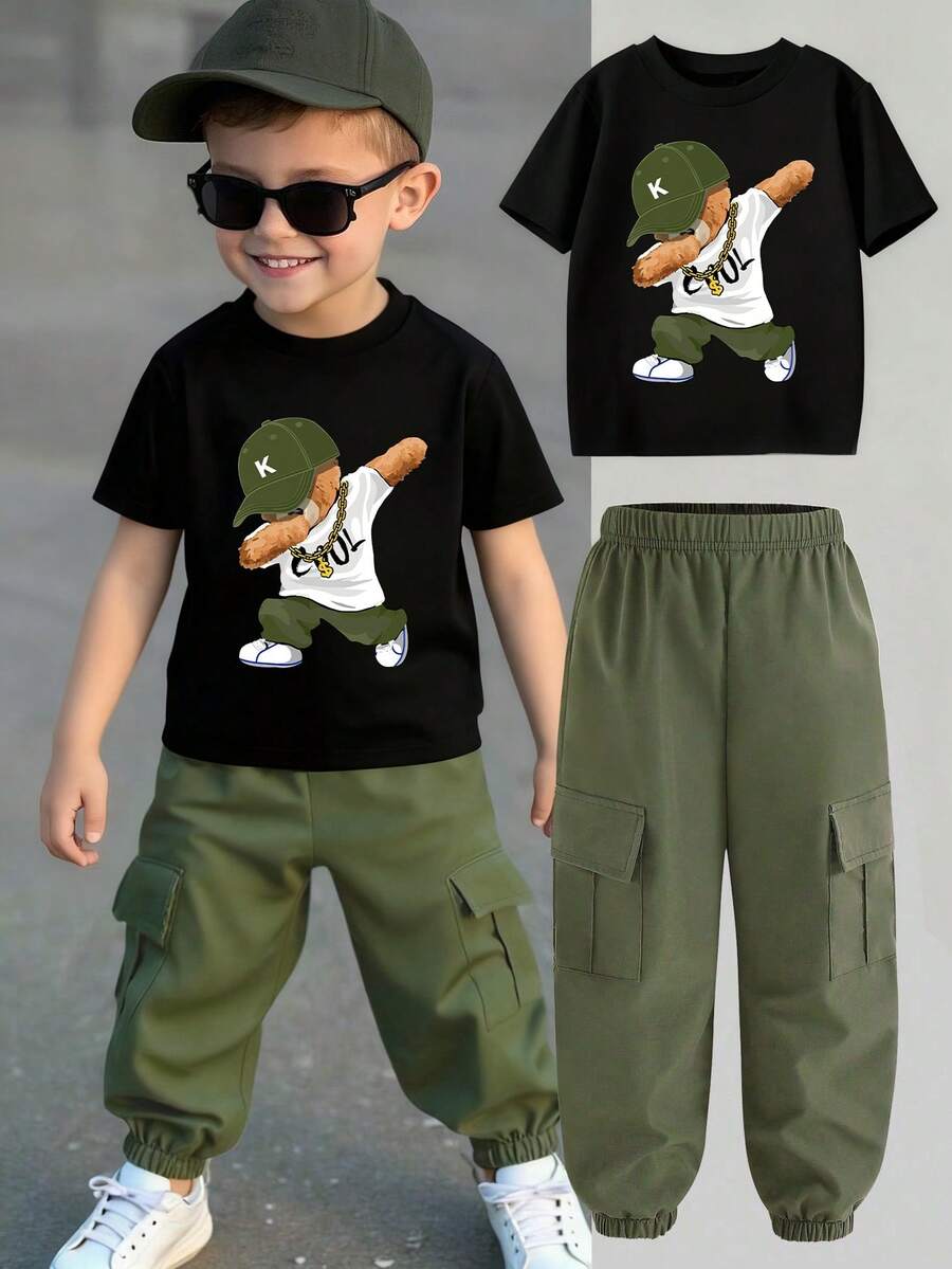 Young Boy Cartoon Print Round Neck Short Sleeve Tee And Cargo Pants Set - Black - View 1