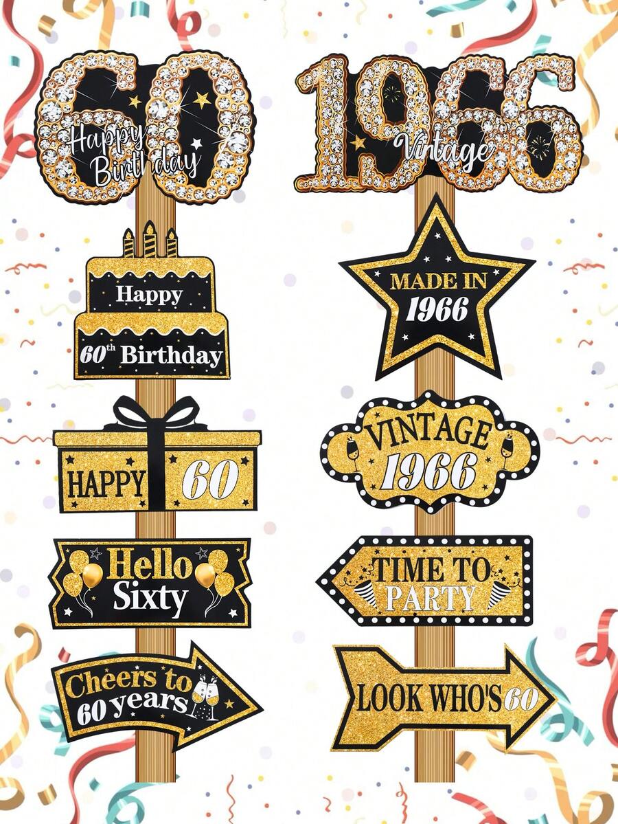 10 Stück Schwarz & Gold 60. Geburtstag Party Papier Schilder, 1966 Vintage 60. Geburtstag Party Schilder, 60. Geburtstag Party Hintergrund Dekorationen, Schwarz & Gold 60. Geburtstag Garten Schilder Dekoration, geeignet für Innen- & Außenbereich Geburtstags Party Dekoration, Schwarz & Gold Geburtstag Rasen Stäbe, 1966 60. Geburtstag Außen Garten Dekoration, 60. Geburtstag Party Dekorationen, Geburtstags Geschenk Party Favors - Black Gold 2026 Limited Edition 60. - Übersicht 1