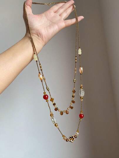 1pc Vintage Style Water Drop, Gourd & Flower Beaded Long Necklace, Multi-Color Elegant Layered Necklace Suitable For Women's Daily, Festival, Party Wear, Can Be A New Year/Jewelry Gift