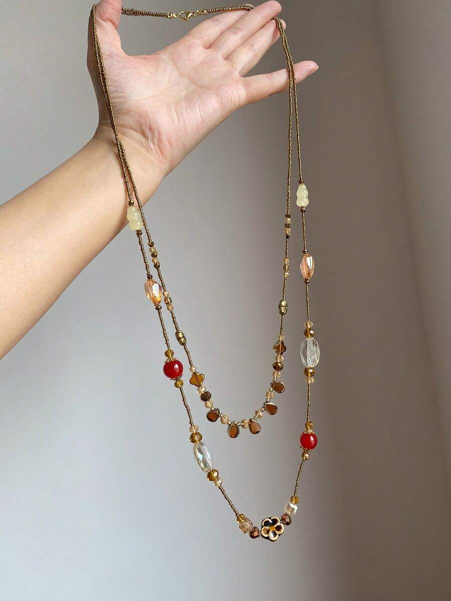 1件复古风格水滴、葫芦和花朵串珠长项链，多色优雅叠层项链，适合女性日常、节日、派对佩戴，可作为新年/珠宝礼物 - 彩色 - 查看 1