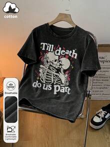 Women's Summer Wear Featuring A Two-Skull Print With Embracing And Kissing Patterns, A Round Neck, Short Sleeve, Simple, Casual, Everyday Washed T-Shirt; A Print Of Undying Love; A Print Of Burning Flames; And A Print Of Stars. - Black - View 3