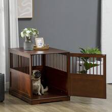 PawHut Dog Cage With Table, Stylish Medium Dog House, Lockable Indoor Door, Brown, 80.5x59.5x67.5cm - 1 - View 2