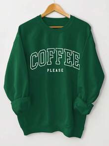 2025 Coffee Plus Loose Sweater Pattern Print Plus Size Women's Sweatshirt - Round Neck Pullover, Casual Long Sleeve Round Neck Sweatshirt, Machine Washable Daily Comfortable Style, Soft Clothing, Autumn Winter Sweatshirt, Four Seasons Clothing, Loose Fit, Comfortable Fabric, Breathable Material, Pullover Soft And Breathable,Long Sleeve Tops,Tops,Hoodies - 綠色 - 查看 12