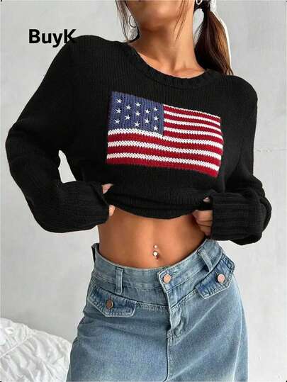 BuyK [Tops] BuyK Retro American Flag Pattern Sweater For Women, Autumn/Winter New Fashion Item, Streetwear Cropped Silhouette, Long Sleeve Knit Design, Easily Create Stylish And Eye-Catching Looks, Suitable For European And American Aesthetics And Outfit Styles