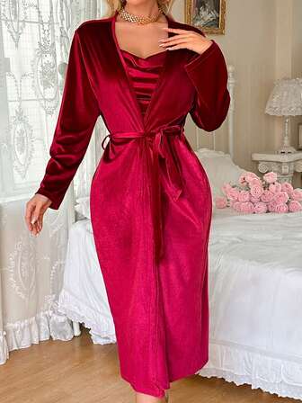 2pcs New Velvet Sleepwear Set, Soft Long Sleeve Robe, V-Neck Camisole Dress, Comfortable Loose Solid Color Ladies Pajamas, Cozy Home Long Gown Suit