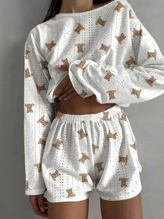 Nina Bonheur 2pcs Women Comfortable Hollow Bear Print Long Sleeve Sleepwear Set , Crew Neck Top And Side Slit Shorts Homewear, Cozy Outfit, Fall Winter Clothes
