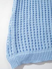 Unisex Casual Loose Fit Solid Blue Hollow V-Neck Short Sleeve Knit Top, Comfortable Spring/Summer - Blue - View 8
