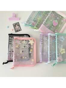 1本INS时尚明星六孔PVC活页笔记本，透明闪光拉链边日记本/相册，偶像卡片收藏册，学生用六孔偶像卡片相册 - 彩色 - 查看 11