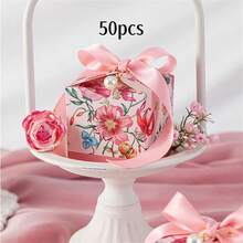 10/50pcs Elegant Floral Wedding Cookie Candy Paper Box Packaging Chocolate Makeup Travel Gift Box Favors Party Birthday,Christmas Valentine Day - Pink - View 5