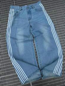 Vaqueros de pierna ancha para hombre Y2K, vaqueros con estampado de rayas a la moda, estilo americano, cintura elástica vintage, vaqueros elásticos con bolsillos. - Azul - Ver 3