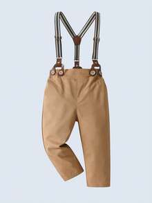 BOARNSEORL 2pcs Young Boys Gentleman Outfit - Long Sleeve Collared Shirt With Bow Tie And Suspender Pants, Fashionable And Dapper For Birthday Party, Formal Event, Wedding, Anniversary Celebration