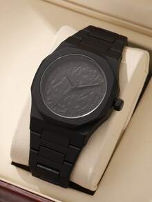 1件男士黑色表带时尚休闲学院风条形刻度表盘石英表，适合日常佩戴或作为节日礼物 - 黑色 - 查看 1