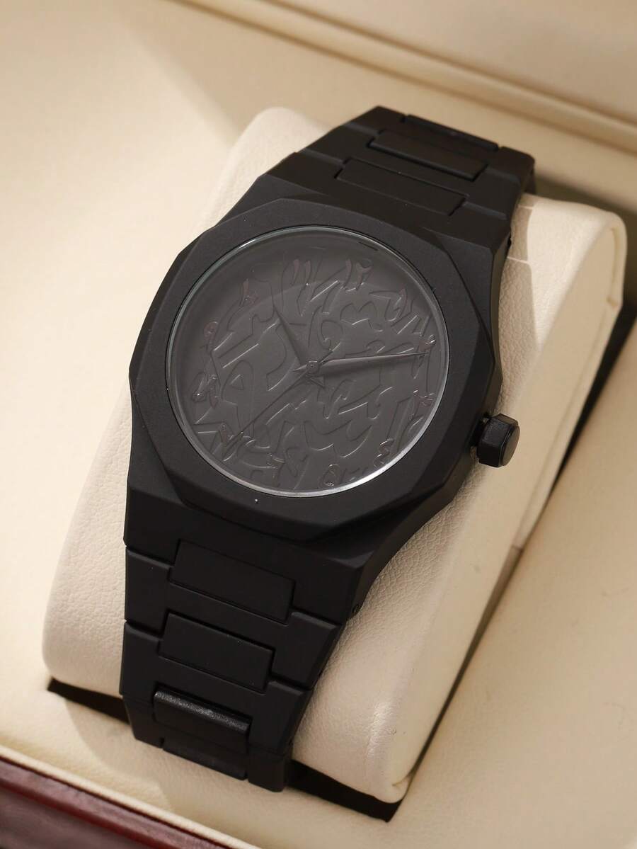 1件男士黑色表带时尚休闲学院风条形刻度表盘石英表，适合日常佩戴或作为节日礼物 - 黑色 - 查看 1