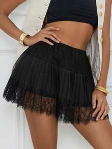 Women's Lace Mini Skirts Casual Low Rise Loose Fit Pleated A-Line Skirts Half Slip Skirt Lace Trim Fairy Mesh Flowy Short Skirts Underskirt Casual Summer Beach Vacation Clothes Outfit Streetwear - 黑色 - 查看 5