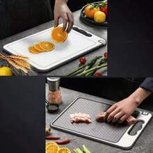 不锈钢砧板，双面切菜板带磨刀器，肉类切菜板，网格设计，导流槽，防滑硅胶边缘