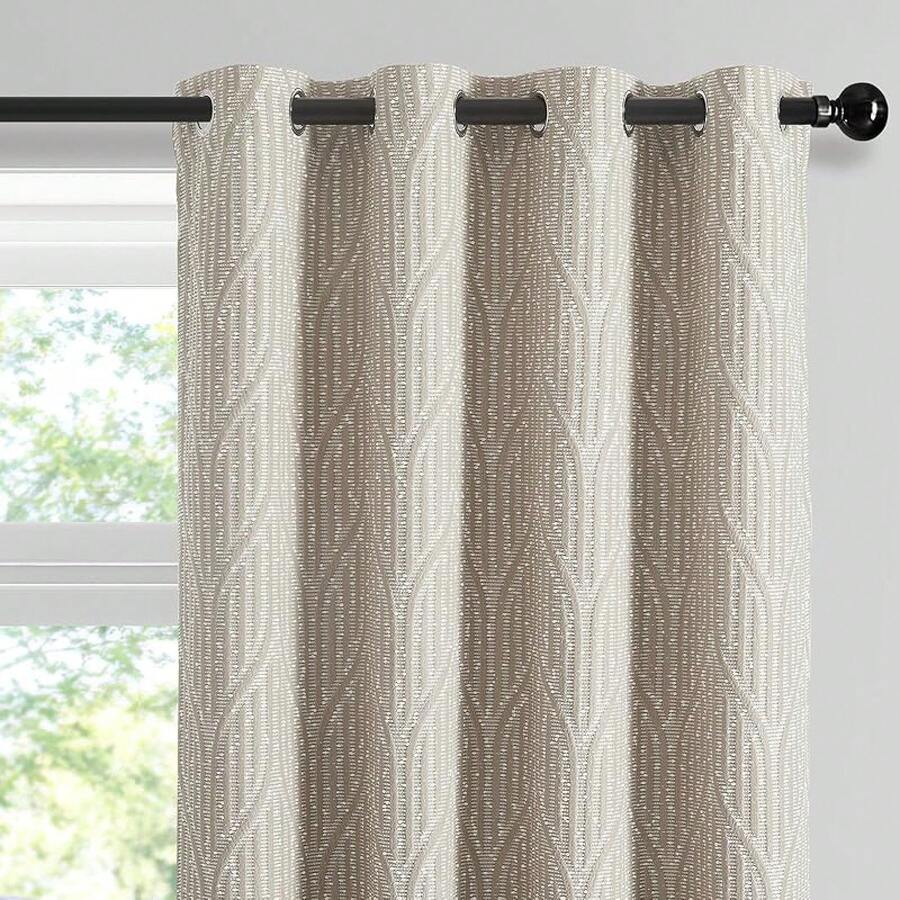 Beige And Black% Blackout Geometric Pattern Curtains, 52 Inch Wide 96 Inches Long 2 Panels, Thermal Insulated Noise Reducing Anti-Rust Grommet Drapes Bedroom Living Room,, Modern Style, Energy-Efficient - 暖沙和白色 - 查看 1