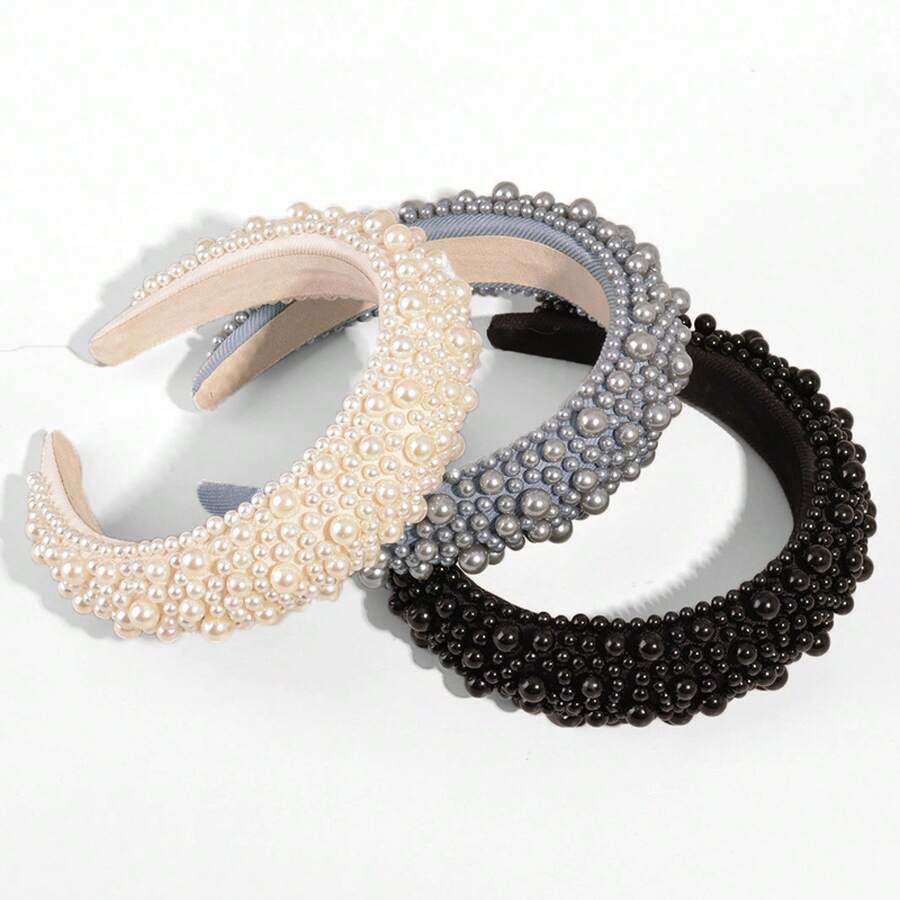 1pcs New European And American Thick Bottom Sponge Large And Small Pearl Headband Wide Headband Handmade Baroque Hair Accessory - màu đen - Xem 1