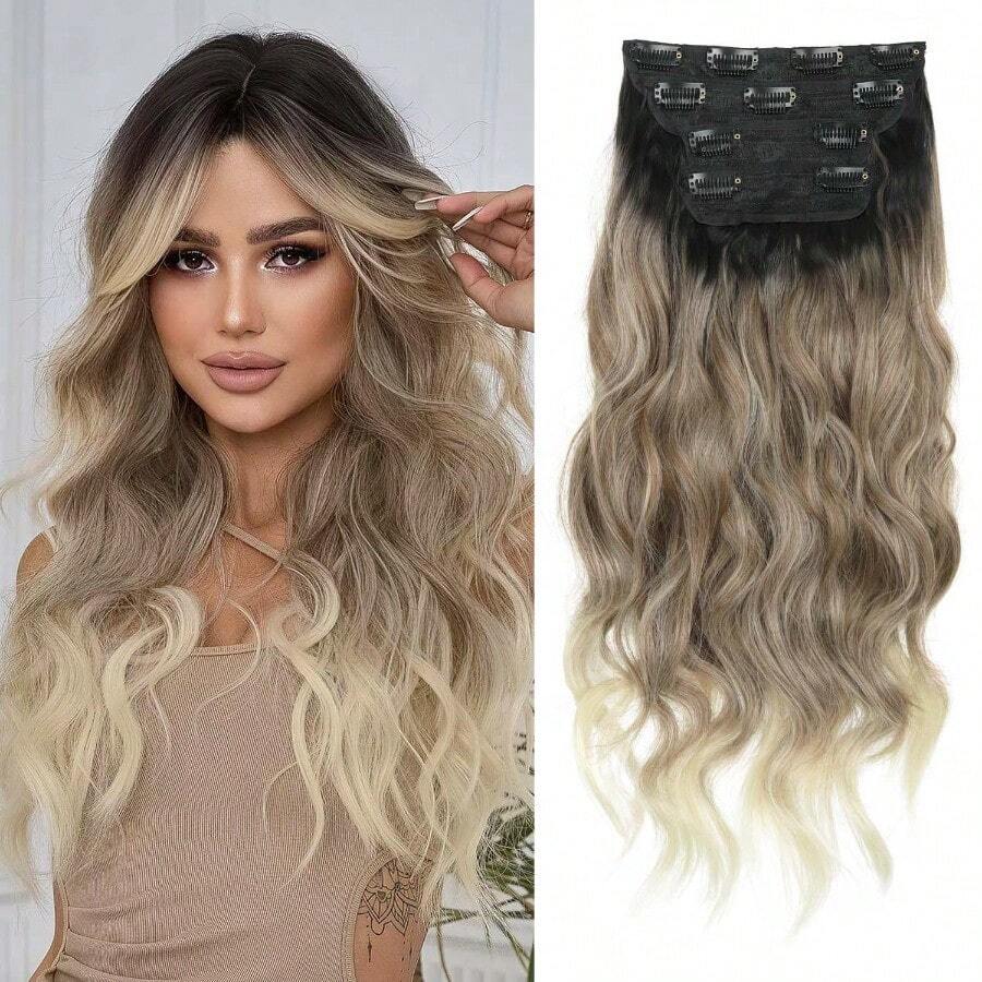 GSYY 4 Pcs Cl In Hair Extensions 20 Inch Long Wavy Curly Nthetic Hair Extension Bre Black To Blonde Thick  And Soft Hairpieces For Wen 4PCS Black To Blonde - Màu nâu Sô-cô-la - Xem 1