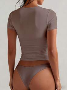 XLLAIS Small Round Neck Short Sleeve Solid Basic Skinny Women Casual T-Shirt - Coffee Brown - View 3