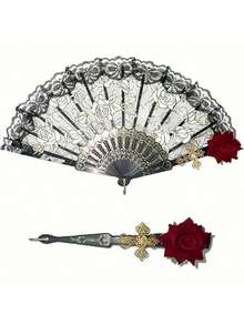 Vintage Spanish Flamenco Rose Lace Folding Fan - Elegant Black Handheld Fan, Perfect For Party And Wedding Decorations, Room Decor For Men And Women - 黑紅色 - 查看 6