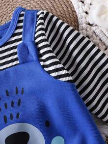 秋冬季男宝宝可爱卡通熊拼接条纹仿吊带长袖连体衣 - 藍色 - 查看 5