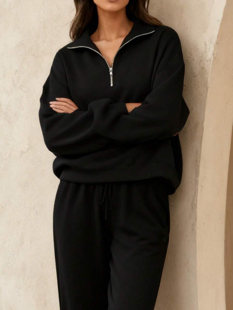 2026 Early Spring New Arrival Set: Versatile, Comfortable, Lightweight, And Casual;[Designer Half-Zip Stand-Up Collar Sweatshirt] Niche High-End Feel, Loose Silhouette, Versatile Layering Artifact - màu đen - Xem 1