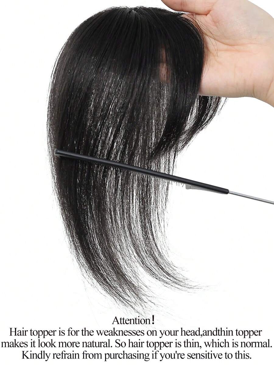 Real Human Hair Toppers With Bangs Silk Base 3Clip Pieces Ombre Natural Black Color Straight Human Topper Hairs For Women Daily Wear #1B