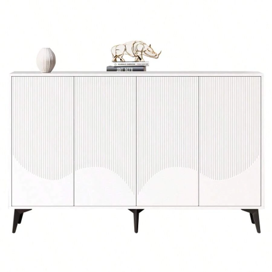 White Sideboard, 160 Cm Wide, Multifunctional Sideboard, Chest Of Drawers, Highboard With Adjustable Shelves, 4 Doors, Metal Legs - 白色 - 查看 1