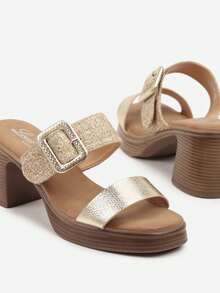 Women's Soft Texture Buckle Detail Platform Sandals - Casual Summer - Gold - View 6