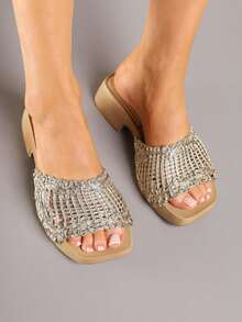 Sandalias casuales de verano de mujer tipo mules de ganchillo bohemio - Dorado - Ver 4