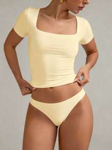 XLLAIS 女士基础款纯色方领短袖上衣，黄色弹力修身T恤，休闲夏季款 - 淺黃色 - 查看 2