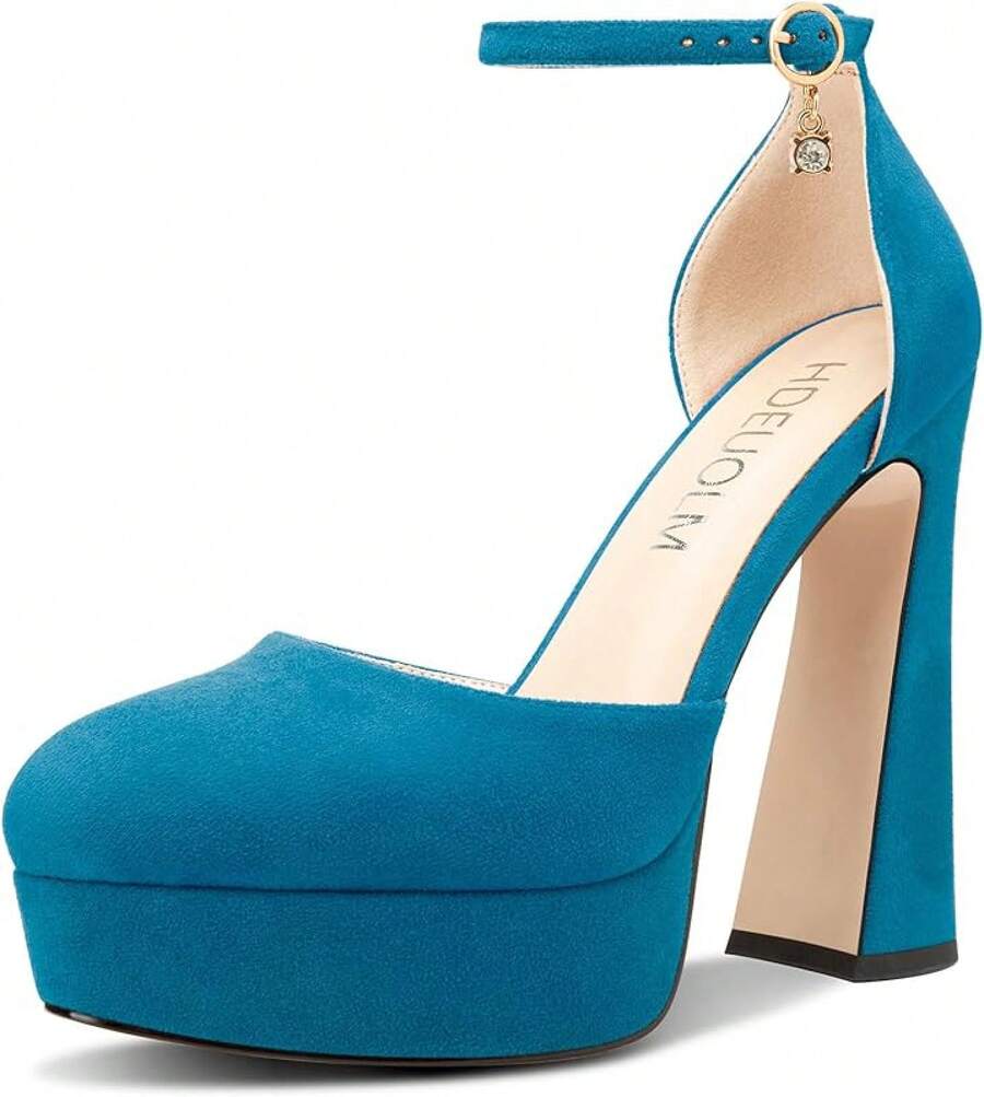 HDEUOLM Womens Chunky Block High Platform Heel Round Toe Closed Toe Pumps Two-Piece Ankle Strap Buckle Party Cute 53 Inches HeelsChristmas - 藍色 - 查看 1