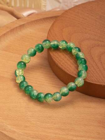 1pc Fashionable Green Glass Beaded Bracelet, Unisex - Vintage Bohemian Style, No Electroplating, No Inlay, Suitable For Daily Wear And Parties, All Year Round