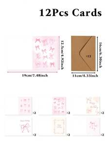 24pcs/12sets Pink Bow Birthday Greeting Card Set, Pink Bow Happy Birthday Party Cards (With Envelopes), Holiday Celebration Congratulation Good Luck Cards, Graduation Blessings Cards, Suitable For Various Occasions, Thank You Cards, Greeting Cards, Condolence Cards, Office Supplies - Pink Bow - View 6