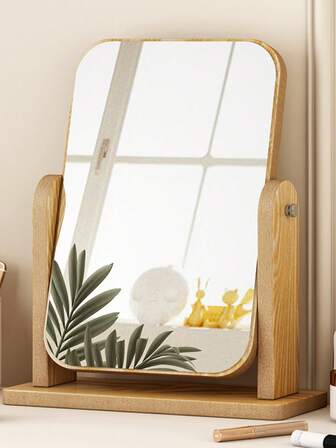 1pc Wooden Rotating Desktop Makeup Mirror, Vanity Mirror For Daily Skincare & Makeup, Bedroom Bat