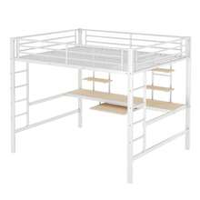 Hochbett, 140 x 200 cm, Metallbettgestell, Eisenbett, Hochbett mit Schreibtisch und zwei Ablagen für Kinder, Jugendliche und Erwachsene, Weiß