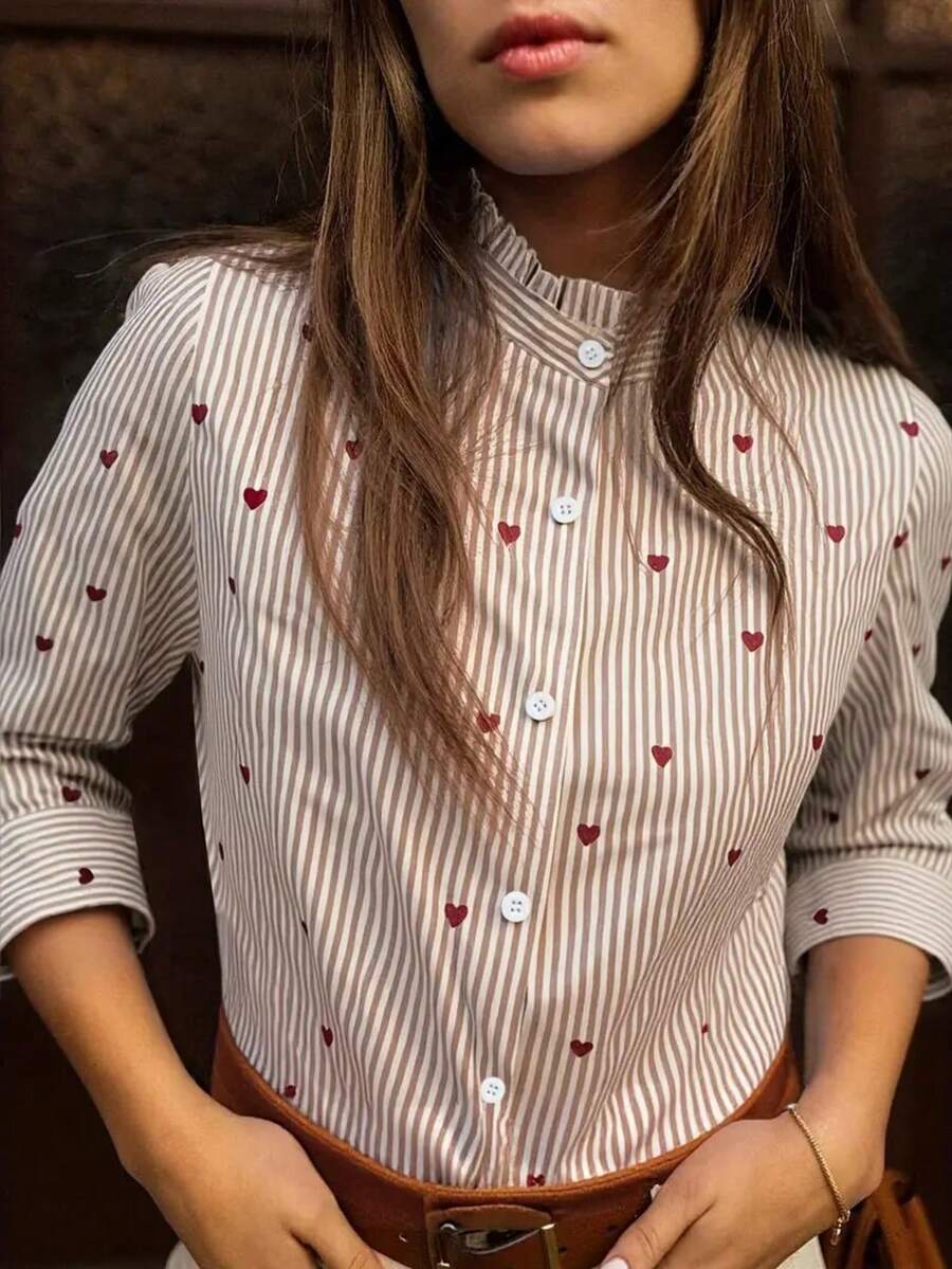 Áo sơ mi dài tay họa tiết trái tim đỏ và sọc trắng dành cho nữ, trang phục thường ngày và công sở, xuân/hè - Nhiều màu - Xem 1