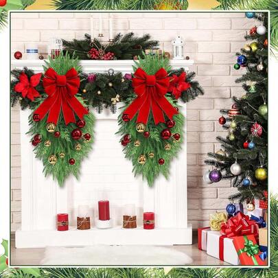 Christmas Swag Artificial Pine Branch Swag Greenery Door Wreath With Red Bowknot For Home