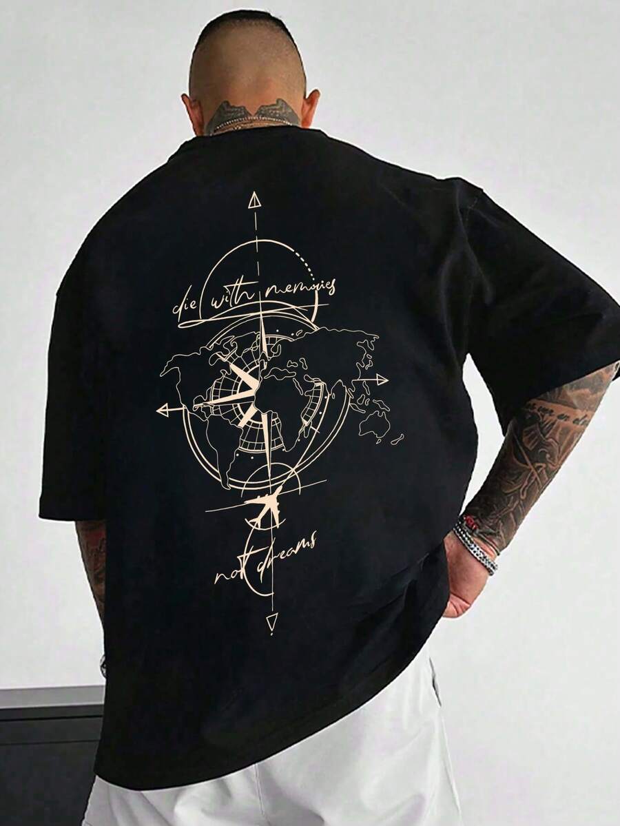 男士时尚印花宽松短袖T恤一件装 | 精致设计 | 夏季必备 | 易于搭配，展现您的风格 - 黑色 - 查看 1